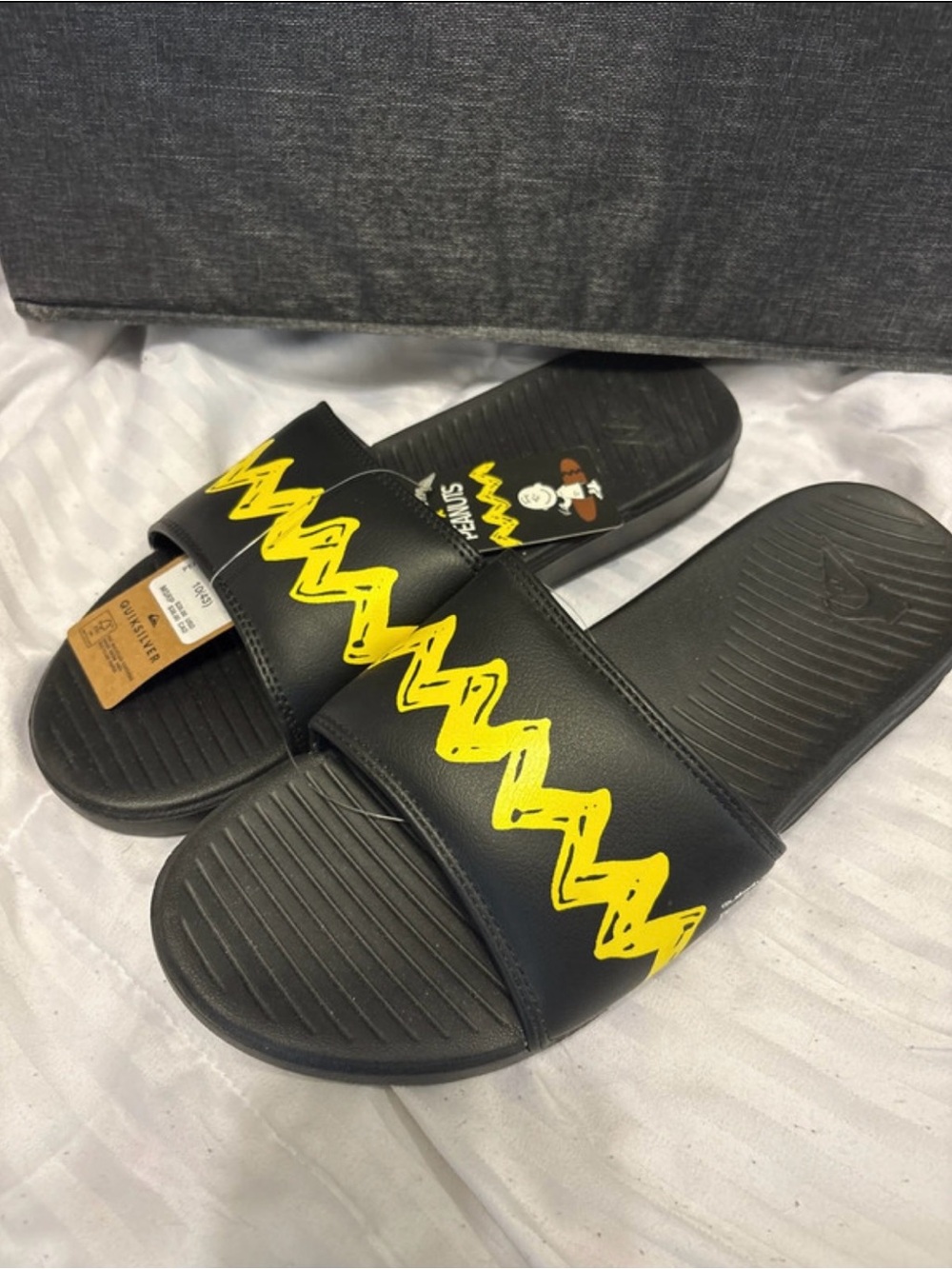 Quiksilver Black Slides with Yellow Zigzag Accent